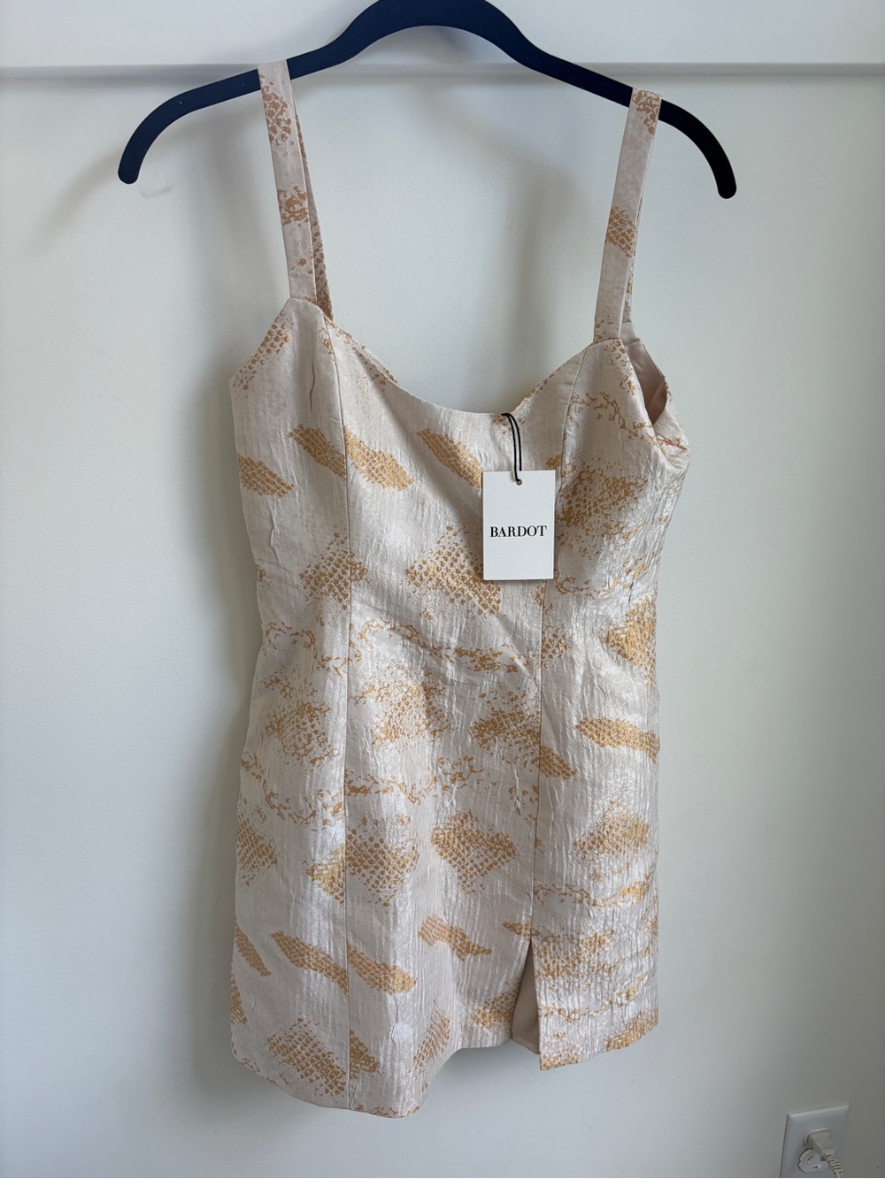Bardot Cream Mini Dress with Gold Pattern
